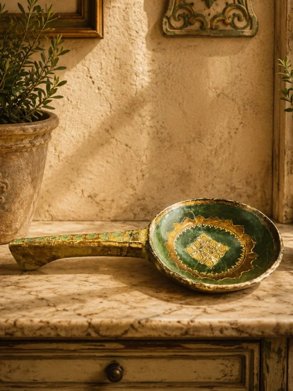 Vintage Italian Florentine Ornate Hand-Painted Wooden Carved Decorative Ladle